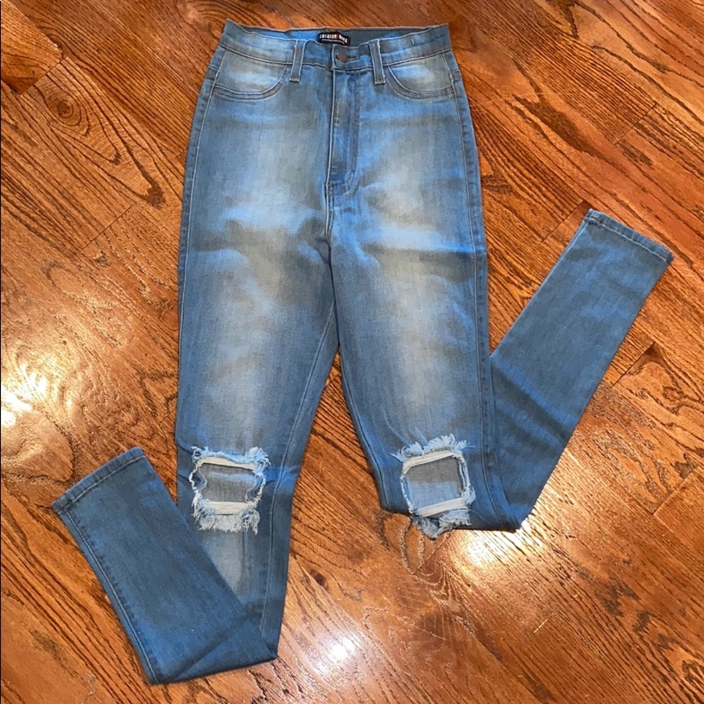 Fashion Nova Distressed Light Wash Skinny Jeans
